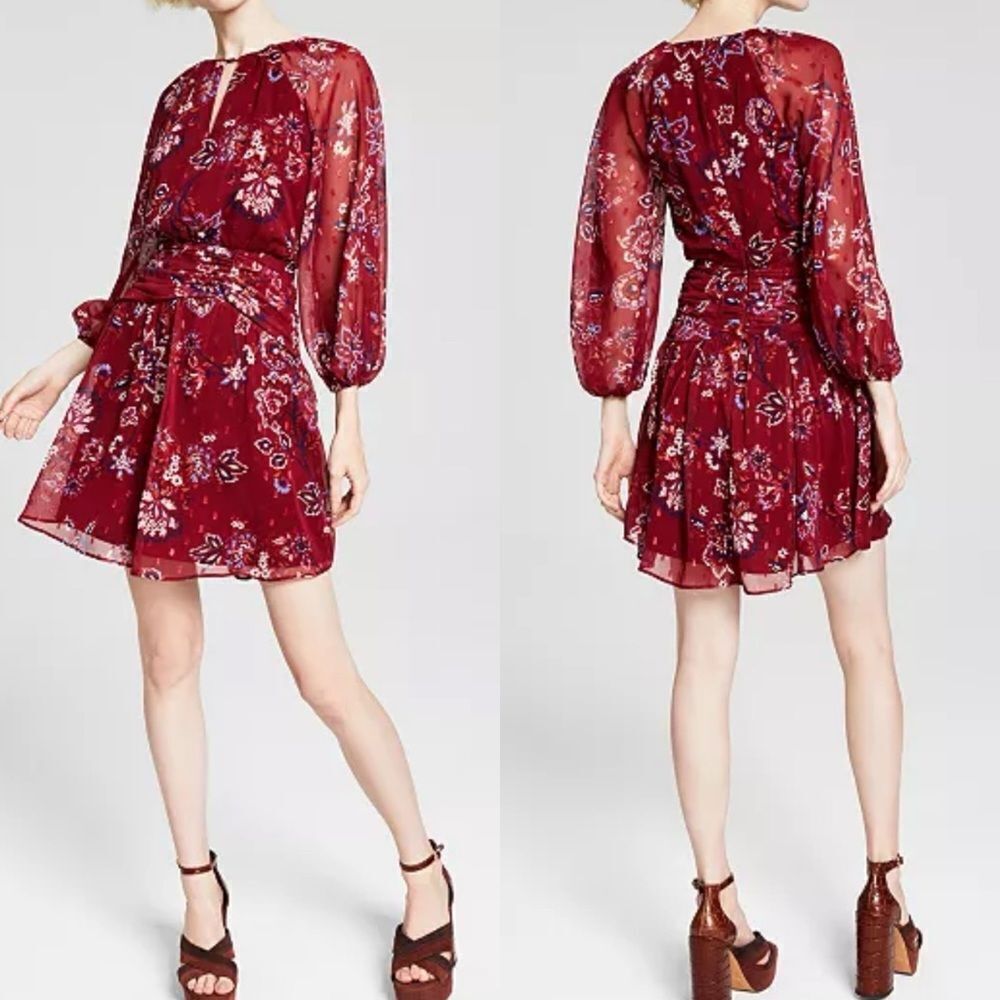 Women's Floral Long-Sleeve Burgundy Dress